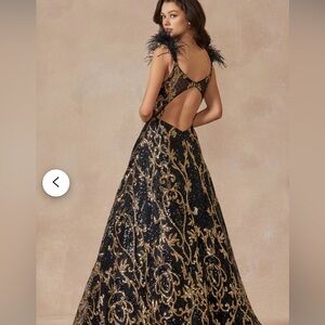 Black/gold sequin pattern long formal evening ball gown